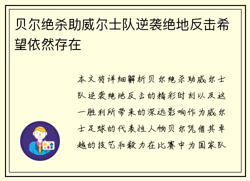 贝尔绝杀助威尔士队逆袭绝地反击希望依然存在